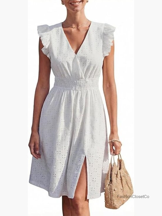 Dresses & Skirts - Lace Eyelet Midi Dress Smocked Waist Flutter Sleeve V Neck Flowy A Line Sundress